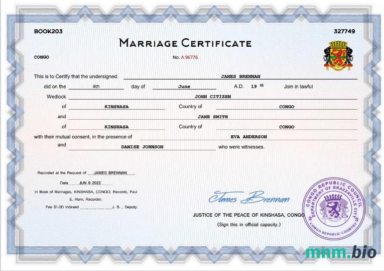 Congo marriage  certyfikat